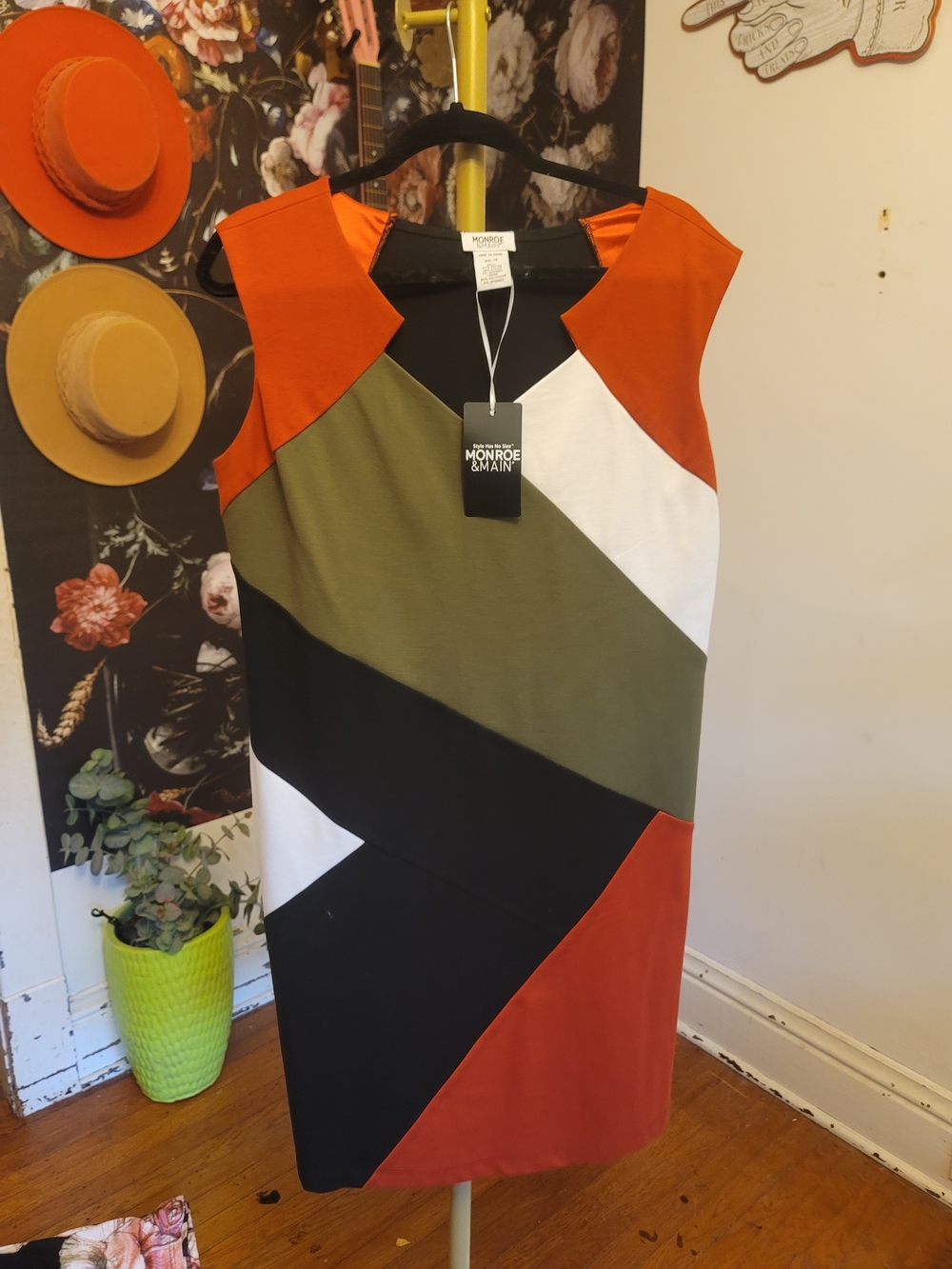 Monroe & Main Colorblock Mini Dress in Rust, Olive, Black & White